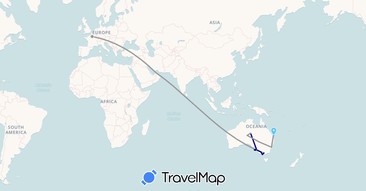 TravelMap itinerary: driving, plane, boat in Australia, France (Europe, Oceania)